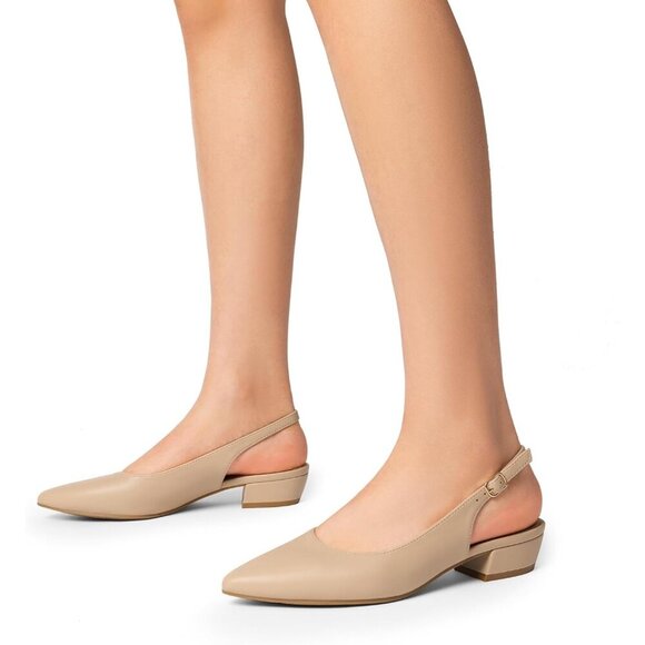 🆕Women Sling back Heel Pointed Closed Toe Low Block Pump Nude Faux Leather Part - Picture 7 of 7